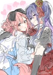 2girls black_bow blue_dress blush bow bowtie closed_mouth crown dog_tail dress elbow_gloves gloves hair_between_eyes hair_bow hair_ornament hairclip highres izumi_shiho kemonomimi_mode kino_himari long_hair long_sleeves mini_crown multiple_girls one_side_up open_mouth orange_hair pink_eyes purple_hair red_bow red_bowtie sasayaku_you_ni_koi_wo_utau short_sleeves sidelocks tail takeshima_eku