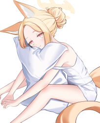 1girl absurdres alternate_costume alternate_hairstyle animal_ear_fluff animal_ears bare_legs blonde_hair blue_archive blush closed_mouth commentary forehead fox_ears fox_girl fox_tail hair_bun highres hong_su0 hugging_object pillow pillow_hug pink_eyes seia_(blue_archive) shorts sidelocks smile solo tail tank_top white_shorts white_tank_top