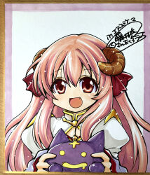 1girl :d absurdres arch_bishop_(ragnarok_online) blue_background blush brown_horns comiket_98 commentary_request curled_horns deviruchi dress fang fujii_ryou highres horns juliet_sleeves long_hair long_sleeves looking_at_viewer open_mouth orange_eyes pink_hair puffy_sleeves purple_background ragnarok_online red_dress shikishi smile solo two-tone_background two-tone_dress upper_body white_background white_dress