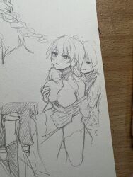1boy 1girl arm_at_side armor art_tools_in_frame behind_another blunt_bangs blunt_ends blush breasts closed_mouth crotch furisode genshin_impact grabbing_another&#039;s_breast grabbing_from_behind graphite_(medium) groping half-closed_eyes hatching_(texture) highres huiyue1016 incest japanese_armor japanese_clothes kimono kimono_skirt kote large_breasts layered_sleeves linear_hatching lofter_username long_hair low-braided_long_hair low-tied_long_hair mole mole_under_eye mother_and_son off_shoulder open_mouth pelvic_curtain raiden_shogun sash scaramouche_(genshin_impact) shrug_(clothing) single_sidelock sketch smile spread_legs string thighhighs traditional_media