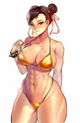 1girl abs bikini bra bracelet breasts brown_eyes brown_hair capcom chun-li earrings gold_bikini jewelry large_breasts rattlepool spiked_bracelet spikes street_fighter sweat thong underwear