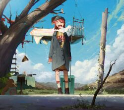 1girl absurdres bed_frame closed_eyes full_body highres long_hair mattress mountainous_horizon open_mouth original scenery solo soupbab0609