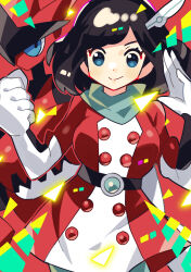 1girl anidler91 black_hair blue_eyes clenched_hand closed_mouth dress gen_2_pokemon gloves hair_ornament highres long_sleeves looking_at_viewer mega_pokemon mega_scizor nintendo official_alternate_costume pokemon pokemon_(creature) pokemon_masters_ex red_dress scarf scizor selene_(pokemon) selene_(special_costume)_(pokemon) short_hair smile two-tone_dress white_dress white_gloves