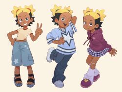 1girl afro_puffs aika_(kiana_mai) bandaid bandaid_on_knee bandaid_on_leg black_hair blonde_hair blush closed_mouth crop_top dark-skinned_female dark_skin denim denim_shorts earrings fingernails highres hood hoodie i_don&#039;t_want_to_be_a_magical_girl jeans jewelry kiana_mai leg_warmers midriff_peek multicolored_hair navel official_alternate_costume one_eye_closed open_mouth pants plaid_clothes plaid_skirt sandals shirt shoes shorts skirt smile sneakers standing standing_on_one_leg star-shaped_hair star_(symbol) star_hair_bun teeth toenails two-tone_hair undershirt upper_teeth_only v yellow_nails
