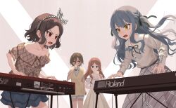 4girls absurdres bang_dream! bare_shoulders blonde_hair blue_eyes blue_hair brown_hair can cup dress ebizuka_tomo eyelashes hair_ribbon highres holding holding_can holding_cup instrument keyboard_(instrument) long_hair multiple_girls music nagasaki_soyo open_mouth playing playing_instrument pleated_skirt red_eyes remisaku ribbon rupa_(girls_band_cry) shirt short_hair simple_background skirt sweater_vest teacup togawa_sakiko white_background white_dress white_shirt yellow_eyes yellow_sweater_vest