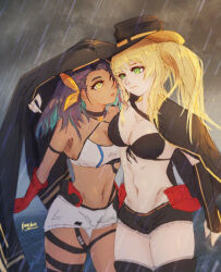 2girls absurdres azur_lane bikini black_bikini black_cape black_hat black_shorts blonde_hair breasts cape dark-skinned_female dark_skin gloves green_eyes hair_ribbon hat highres historical_event hornet_(azur_lane) long_hair medium_breasts multiple_girls northampton_(azur_lane) purple_hair rain red_gloves ribbon rideth_mochi short_shorts shorts swimsuit twintails two-tone_hat water white_shorts yellow_eyes yellow_hat yellow_ribbon