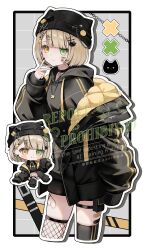 Rule 34 | 1girl, absurdres, animal hat, asymmetrical legwear, beanie, black choker, black hat, black hoodie, black jacket, black nails, black thighhighs, blonde hair, blush, border, cat hair ornament, cat hat, chibi, chibi inset, choker, closed mouth, commentary request, commission, cropped legs, drawstring, drop shadow, fishnet thighhighs, fishnets, green eyes, grey background, grid background, hair ornament, hand up, hat, heterochromia, highres, hood, hood down, hoodie, ibara muan, indie virtual youtuber, jacket, long sleeves, looking at viewer, mismatched legwear, myon rio, nail polish, open clothes, open jacket, outline, outside border, short hair, skeb commission, smile, thigh strap, thighhighs, twitter username, v, virtual youtuber, watermark, white border, white outline, yellow eyes