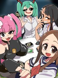 4girls absurdres bongfill brown_hair card coral_(pokemon) crossover hatsune_miku highres ijiranaide_nagatoro-san karakai_jouzu_no_takagi-san mesugaki mimukauwa_nice_try_(vocaloid) multiple_girls nagatoro_hayase nintendo pokemon pokemon_(anime) pokemon_horizons takagi-san twintails uno_(game) vocaloid