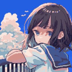 1girl against_railing asleep_onthebed bird blue_eyes blue_sky blunt_bangs brown_hair cloud cloudy_sky expressionless highres looking_at_viewer looking_back original pixel_art railing school_uniform shirt sky solo sparkling_eyes upper_body white_shirt
