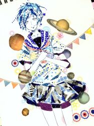 1girl abstract asagi_kino black_skirt blue_hair blue_sailor_collar blue_skirt closed_mouth collarbone commentary_request cowboy_shot hands_on_own_chest highres jupiter_(planet) looking_at_viewer masking_tape_(medium) messy_hair miniskirt mixed_media neckerchief original own_hands_together photo_(medium) red_neckerchief sailor_collar saturn_(planet) shirt short_hair short_sleeves sidelocks skirt smile solo split_mouth standing star_(symbol) swept_bangs traditional_media two-tone_skirt unconventional_media white_background white_shirt