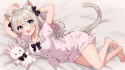 Rule 34 | 1girl, :d, absurdres, animal ear fluff, animal ears, arms behind head, barefoot, breasts, cat ears, cat girl, cat tail, fangs, full body, grey hair, highres, long hair, looking at viewer, lying, nanado shion, on side, open mouth, original, pajamas, pink pajamas, pink shirt, pink shorts, purple eyes, shirt, short sleeves, shorts, smile, stuffed animal, stuffed rabbit, stuffed toy, tail