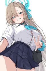 1girl absurdres asuna_(blue_archive) bag black_choker black_skirt blue_archive blue_bow blue_bowtie blue_eyes blue_ribbon blush bow bowtie breasts brown_hair choker gluteal_fold grin hair_between_eyes hair_ribbon halo high-waist_skirt highres large_breasts long_hair looking_at_viewer pleated_skirt pok_(pok_0002) ribbon school_bag scrunchie shirt shirt_tucked_in simple_background skirt smile solo w white_background white_shirt wrist_scrunchie