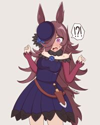 Rule 34 | absurdres, animal ears, blue flower, blue rose, dagger, flower, hair over one eye, hat, hat flower, highres, horse ears, horse girl, horse tail, knife, purple shirt, rice shower (umamusume), rose, shirt, tail, umamusume, weapon, wide-eyed