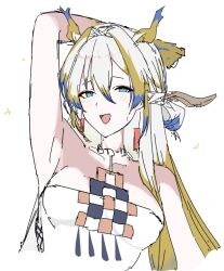 1girl arknights arm_up bare_arms bare_shoulders blonde_hair blue_eyes blue_hair breasts commentary cropped_torso dragon_girl dragon_horns earrings hair_between_eyes horns jewelry long_hair looking_at_viewer medium_breasts multicolored_hair no_jacket open_mouth pointy_ears shu_(arknights) simple_background sketch smile solo sweatdrop user_pwgg2547 white_background white_hair