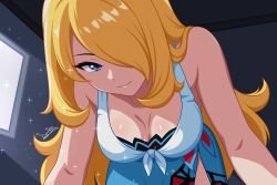 Rule 34 | 1girl, blonde hair, blue sarong, breasts, cleavage, closed mouth, cynthia (pokemon), cynthia (summer 2025) (pokemon), grey eyes, hair over one eye, highres, indoors, long hair, looking at viewer, nintendo, official alternate costume, pokemon, pokemon masters ex, sarong, signature, smile, solo, su1zide, very long hair