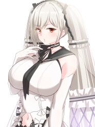 Rule 34 | 1girl, azur lane, black choker, black necktie, black sailor collar, breasts, choker, elbow gloves, formidable (azur lane), formidable (timeless classics) (azur lane), garukichi, gloves, grey hair, highres, large breasts, long hair, looking at viewer, navel, necktie, official alternate costume, red eyes, sailor collar, shirt, solo, twintails, very long hair, white gloves, white shirt