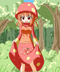 1girl :d blue_sky bush clothes_lift creature_and_personification day dress female_focus forest gen_1_pokemon hat highres long_sleeves looking_at_viewer mushroom nature nintendo open_mouth orange_hair outdoors paras personification pokemon pokemon_(creature) red_dress red_eyes red_hat skirt skirt_basket skirt_lift sky smile solo standing sws tree
