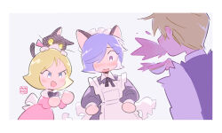 1girl 2boys alternate_costume animal animal_ears animal_on_head apron artesia_som_deikun artist_name aukives back_bow bad_id bad_pixiv_id black_cat black_dress black_ribbon blonde_hair blue_eyes blush border bow casval_rem_deikun cat cat_ears cat_on_head char_aznable collared_dress crossdressing cup dress enmaided fake_animal_ears garma_zabi grey_background gundam hair_over_one_eye long_sleeves looking_at_another looking_down maid maid_headdress mobile_suit_gundam_the_origin multiple_boys neck_ribbon on_head pink_dress puffy_sleeves purple_eyes purple_hair ribbon sayla_mass short_hair simple_background smile spit_take spitting teacup v-shaped_eyebrows white_apron white_border white_bow wing_collar