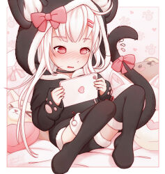 1girl animal_ears animal_hood black_choker black_hoodie black_shorts black_thighhighs blush cat_ears cat_tail child choker female_focus full_body fur-trimmed_hood fur-trimmed_shorts fur-trimmed_thighhighs fur_trim hair_ornament hairclip highres hood hood_up hoodie long_hair long_sleeves monchichiwa nose_blush open_mouth original parted_lips pink_eyes pink_ribbon ribbon shorts sleeves_past_wrists solo tail tail_ornament tail_ribbon thighhighs white_hair