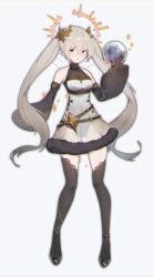 1girl absurdres arm_up bare_shoulders bei_qi black_gloves black_shoes black_sleeves black_thighhighs blue_background blush breasts brown_leotard commentary detached_sleeves dress full_body fur-trimmed_dress fur_trim glasses gloves gradient_hair green_eyes grey_hair hair_between_eyes halo highres leotard leotard_under_clothes long_hair long_sleeves medium_breasts multicolored_hair orb original parted_lips see-through_clothes shoes simple_background sleeves_past_fingers sleeves_past_wrists solo standing symbol-only_commentary thighhighs twintails very_long_hair white_dress wide_sleeves