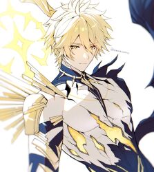 Rule 34 | 1boy, alternate form, amata (amaxtamax), asymmetrical wings, bare pectorals, black shirt, black wings, blonde hair, cracked skin, hair between eyes, halo, halo behind head, highres, honkai: star rail, honkai (series), looking at viewer, male focus, material growth, pectorals, phainon (honkai: star rail), phainon (khaslana) (honkai: star rail), shirt, short hair, solo, torn clothes, torn shirt, upper body, wings, yellow blood, yellow eyes, yellow wings