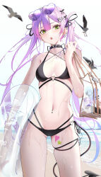 Rule 34 | 1girl, absurdres, beach, bikini, bird, black bikini, black collar, black ribbon, blush, bow, breasts, choppy bangs, collar, collarbone, commentary request, cowboy shot, demon tail, double-parted bangs, ear piercing, eyewear on head, gradient hair, green eyes, hair between eyes, hair bow, hair ribbon, halterneck, highres, holding, holding swim ring, hololive, innertube, leg tattoo, linea alba, long hair, looking at viewer, multicolored hair, multiple hair bows, navel, navel piercing, open mouth, piercing, ribbon, seagull, side-tie bikini bottom, small breasts, solo, string bikini, swim ring, swimsuit, tail, tanishi (hetianming11093), tattoo, thigh strap, tokoyami towa, water, wet