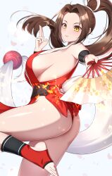 Rule 34 | 1girl, absurdres, arm up, ass, breasts, brown eyes, brown hair, closed mouth, fatal fury, female focus, floating hair, from side, hand fan, hand up, high ponytail, highres, holding, holding fan, japanese clothes, kuji-in, large breasts, leg up, leotard, long hair, looking at viewer, no bra, obi, pelvic curtain, ponytail, red leotard, sash, shiranui mai, sideboob, smile, solo, sou skate714, standing, standing on one leg, the king of fighters, thighs, thong, toeless footwear, very long hair, yellow eyes