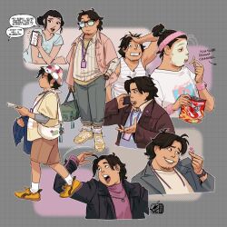 1boy 1girl arm_up artist_logo bag beard_stubble beauty_mask black_hair black_jacket bobby_(kpop_demon_hunters) bucket_hat cellphone chips_(food) closed_mouth coat commentary eating english_commentary english_text facial_hair finger_heart food grey_coat grey_pants hair_tie hand_in_pocket hand_on_own_head hat headband heart holding holding_bag holding_food holding_jacket holding_paper holding_phone holding_unworn_clothes jacket jam_etc_art kpop_demon_hunters logo looking_to_the_side multiple_views open_clothes open_mouth open_shirt pants paper phone pink_shirt ponytail shirt smile speech_bubble stubble sunglasses sweatdrop talking_on_phone unworn_jacket zoey_(kpop_demon_hunters)