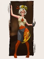 1girl absurdres barefoot black_gloves black_sash bodysuit breasts cleavage commentary covered_navel full_body glasses gloves hair_ornament hair_stick headband highres leehzart looking_at_viewer mask mask_on_head nintendo purah red-framed_eyewear red_bodysuit red_headband round_eyewear sash skin_tight solo standing the_legend_of_zelda the_legend_of_zelda:_tears_of_the_kingdom white_hair