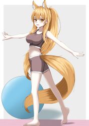 Rule 34 | 1girl, :d, animal ear fluff, animal ears, arknights, ball, bare arms, bare shoulders, barefoot, blemishine (arknights), blonde hair, border, breasts, brown shorts, brown sports bra, collarbone, commentary, crop top, exercise ball, full body, grey background, highres, large breasts, long hair, looking at viewer, open mouth, outstretched arms, pale skin, ponytail, shorts, sidelocks, simple background, sleeveless, smile, solo, sports bra, spread arms, standing, tail, uiru (uiruuun), very long hair, white border, yellow eyes, yellow tail