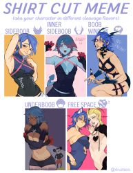 absurdres animal_ear_fluff animal_ears aqua_(kingdom_hearts) aqua_skin armpit_crease armpits asymmetrical_docking bike_shorts blonde_hair blue_eyes blue_hair blush breast_press breasts cat_ears colored_skin commentary copyright_name covered_navel crossed_arms demon_tail disney elbow_gloves embarrassed english_text fingerless_gloves gloves green_eyes hair_over_one_eye halterneck heart_pasties highres horns kingdom_hearts larxene looking_at_viewer medium_breasts meme mickey_mouse midriff_peek monster_girl mouse_ears mouse_tail multicolored_skin multiple_drawing_challenge multiple_girls nail_polish navel pasties pointy_ears porqueloin red_shorts revealing_clothes sharp_teeth shirt_cut_meme shirt_cut_meme short_hair shorts sideboob skin_tight skindentation small_breasts tail teeth thigh_strap toned twitter_username underboob yellow_eyes yellow_nails
