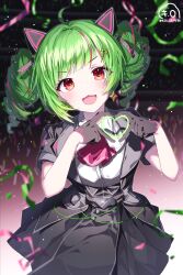 1girl :d absurdres ahoge animal_ears artist_name ascot belt black_gloves black_skirt blush buttons cat_ears collared_shirt commentary confetti delutaya diagonal_bangs dot_nose drill_hair earrings fake_animal_ears fang from_above gloves green_hair grey_jacket hair_ornament hands_up heart heart_hands high-waist_skirt highres indie_virtual_youtuber jacket jewelry kio_is_here looking_at_viewer multicolored_hair open_clothes open_jacket open_mouth pink_ascot pink_streaks red_eyes shirt short_sleeves skirt smile solo star_(symbol) star_earrings symbol-only_commentary triangle_hair_ornament twin_drills twitter_username two-tone_hair virtual_youtuber white_shirt