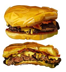 bread burger cheese commentary english_commentary food food_focus highres meat nate_d_hernandez no_humans original simple_background white_background