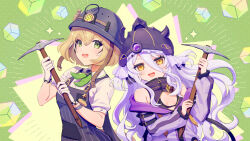 Rule 34 | 2girls, ayana (ayana illst), black hat, blonde hair, blue helmet, blue overalls, breasts, cleavage cutout, clothing cutout, dooby (vtuber), dress, gloves, green eyes, grey hair, hat, helmet, henya the genius, henya the genius (1st costume), highres, holding, holding pickaxe, indie virtual youtuber, jacket, long hair, multiple girls, open mouth, overalls, pickaxe, purple dress, purple jacket, shirt, short hair, small breasts, smile, turtleneck, turtleneck dress, very long hair, virtual youtuber, vshojo, white gloves, white shirt, yellow eyes
