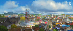 artist_name autumn blue_sky car chinese_commentary cloud commentary_request day fire flock highres motor_vehicle mountainous_horizon obstacle_race original outdoors people scenery simple_bird sky smoke town tree watermark zimuyu_zim