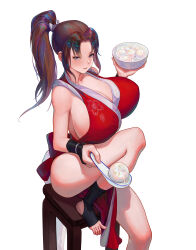 1girl breasts chair fatal_fury food huge_breasts japanese_clothes long_hair ponytail shiranui_mai sitting spoon the_king_of_fighters