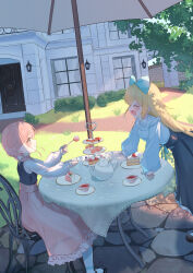 Rule 34 | 2girls, absurdres, black skirt, black vest, blonde hair, blue bow, blush, bow, braid, braided ponytail, bush, cake, cake slice, chair, closed mouth, commentary request, cup, dessert, food, fork, garden, green eyes, hair bow, hair over shoulder, hands on table, highres, holding, holding fork, house, long hair, long skirt, long sleeves, macaron, multiple girls, on chair, original, outdoors, path, patio, patio umbrella, pink hair, pink skirt, plate, puffy long sleeves, puffy sleeves, road, ryaru ryaru, saucer, scenery, shirt, sidelocks, sitting, skirt, slice of life, standing, table, teacup, teapot, tiered tray, tree, vest, white bow, white shirt