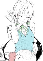 2girls bat_wings braid charisma_guard closed_eyes cowering highres izayoi_sakuya maid meme multiple_girls odaneru_apart parody remilia_scarlet salt salt_bae_(meme) smile spot_color touhou twin_braids wings