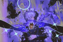 Rule 34 | 1girl, absurdres, bird, blood, blood on face, blue hair, closed eyes, commentary request, crow, distortion, fringe trim, gradient skin, hand on own stomach, heart (organ), highres, isekaijoucho, kamitsubaki studio, lying, on back, on ground, out of frame, outline, reaching, reaching towards another, scarf, short hair, sparkle, suzukasuraimu, torn clothes, torn scarf, white outline