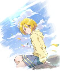 1girl absurdres ahoge bare_legs blonde_hair blue_sky closed_mouth gradient_background hands_on_floor highres hood hoodie hugtto!_precure kagayaki_homare long_sleeves looking_at_viewer parted_bangs precure rice_rabbit22 school_uniform short_hair sideways_glance sitting sitting_sideways skirt sky solo solo_focus sweater yellow_hoodie