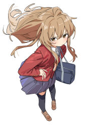 1girl absurdres aisaka_taiga bag black_thighhighs blazer blue_skirt brown_eyes brown_hair collared_shirt dress_shirt haruyuki_(gffewuoutgblubh) highres jacket long_hair looking_at_viewer oohashi_high_school_uniform pleated_skirt red_jacket school_bag school_uniform shirt simple_background skirt solo thighhighs toradora! white_background white_shirt