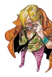 Rule 34 | absurdres, blonde hair, coat, dynamic pose, glasses, highres, jewelry, male focus, muscular, one piece, open clothes, open shirt, pants, pink pants, ring, sanji (one piece), smoking, toned, toned male, wize (hizewiro)