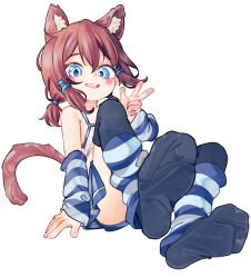 1girl animal_ear_fluff animal_ears arm_warmers black_thighhighs blue_eyes cat_ears cat_girl cat_tail chaosexceed commentary full_body highres leg_warmers looking_at_viewer no_shoes open_mouth original paid_reward_available red_hair short_hair simple_background soles solo tail teeth thighhighs toes upper_teeth_only w white_background