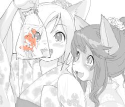 2girls bag bagged_fish body_fur cat_girl fangs fish furisode furry furry_female goldfish holding holding_bag japanese_clothes kikurage_(crayon_arts) kimono long_hair multiple_girls original ponytail short_hair simple_background spot_color upper_body white_background yukata