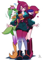 +++ 2girls @_@ ^_^ aqua_sweater arezu_(pokemon) black_footwear blue_hair blue_pantyhose blush boots closed_eyes colored_skin commentary_request courtney_(pokemon) crown fake_horns flower gradient_legwear highres hisuian_lilligant horns hug ida_(idalol490) knee_boots multiple_girls nintendo open_mouth pantyhose pink_pantyhose pokemon pokemon_(creature) pokemon_legends:_arceus pokemon_oras purple_eyes red_hair red_hood ribbed_legwear short_hair simple_background standing sweater white_background white_skin