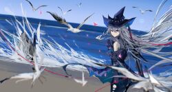 Rule 34 | 1girl, angelfish, aqua hat, arknights, arm cuffs, ascot, bare shoulders, beach, bird, black ascot, black chaps, black gloves, black hat, black pants, black shirt, blue sky, blurry, blurry foreground, breasts, chaps, clothing cutout, day, detached sleeves, dutch angle, fish, gloves, grey hair, hair between eyes, hat, highres, jinfeng0430, long hair, looking at viewer, looking back, ocean, pants, red eyes, red ribbon, ribbon, rock, sand, seagull, shirt, skadi (arknights), skadi (elite ii) (arknights), sky, smile, solo, sword, sword on back, thigh cutout, tropical fish, very long hair, water, waves, weapon, weapon on back