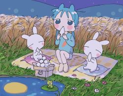 1girl 1nupool :t ^_^ animal animal_ears animated animated_gif ankle_socks beamed_eighth_notes blanket blinking blue_eyes blue_hair blue_shorts blush_stickers carrot_print closed_eyes closed_mouth creature cushion dancing dango facing_viewer flower food food_in_mouth food_print frog full_body full_moon grass hands_up hill holding holding_food knees_up leaning_to_the_side legs_together lily_pad long_hair long_sleeves looking_ahead looping_animation low_twintails moon music musical_note night no_eyebrows no_nose no_pupils no_shoes on_grass on_ground open_mouth original outdoors pink_flower rabbit reflection reflective_water sanbou shorts singing sitting smile socks star_(sky) tareme tile_wall tiles tsukimi tsukimi_dango twintails u_u w_arms wagashi water wheat wheat_field white_flower white_legwear zabuton
