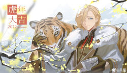 1boy black_gloves blonde_hair blue_eyes closed_mouth cup earrings ensemble_stars! flower gloves highres jewelry long_sleeves mountain noland short_hair single_earring snow tenshouin_eichi tiger