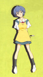 Rule 34 | 1girl, ayanami rei, black socks, blue hair, full body, happy, highres, neon genesis evangelion, official art, red eyes, red ribbon, retro artstyle, ribbon, sadamoto yoshiyuki, school uniform, shirt, short hair, simple background, smile, socks, solo, tokyo-3 middle school uniform, white footwear, white shirt