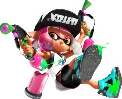 Rule 34 | 1girl, 3d, absurdres, bare arms, baseball cap, bike shorts, blue shoes, dynamic pose, eye mask, full body, gradient hair, hat, highres, holding, holding weapon, ink tank (splatoon), inkling, inkling girl, inkling player character, looking at viewer, miniskirt, multicolored hair, nintendo, official art, orange eyes, paint splatter, pink hair, red skirt, shoes, short eyebrows, short hair, sidelocks, skirt, smile, sneakers, solo, splat dualies (splatoon), splatoon (series), splatoon 2, spotted hair, suction cups, surume (splatoon), tan, tank top, tentacle hair, thick eyebrows, transparent background, two-tone hair, v-shaped eyebrows, weapon, white tank top